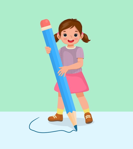 cute little school girl holding big pencil writing on the floor