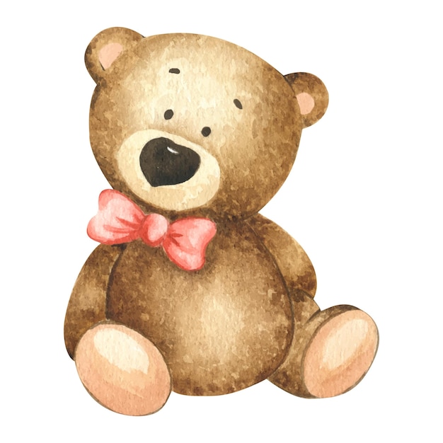 Cute little sedentary brown bear in a bow tie Watercolor illustration