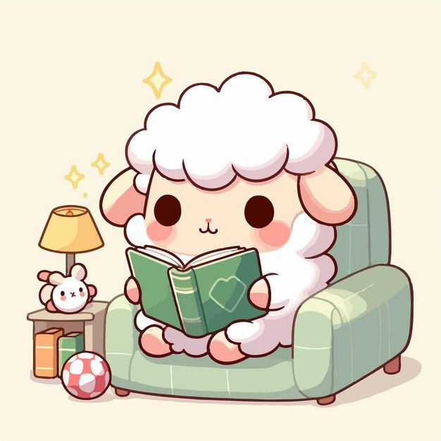 Милый маленький овечка талисман читает книгу мультфильма персонаж