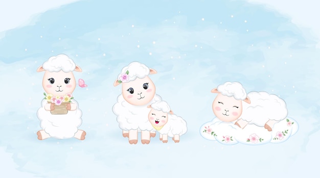 Cute little sheep set watercolor illustration