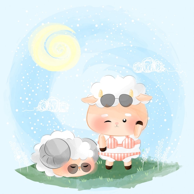 Vector cute little sheep in summer garden illustration