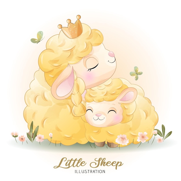 Cute Little Sheep with Floral Watercolor Illustration