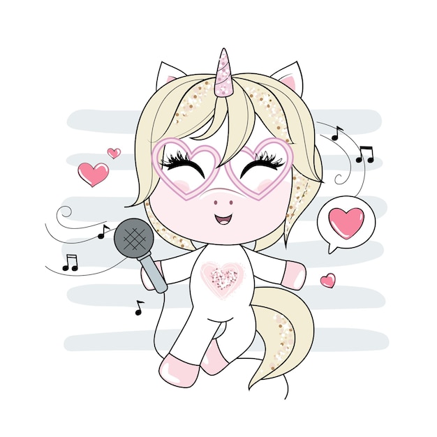 Cute little singing unicorn girl with microphone.