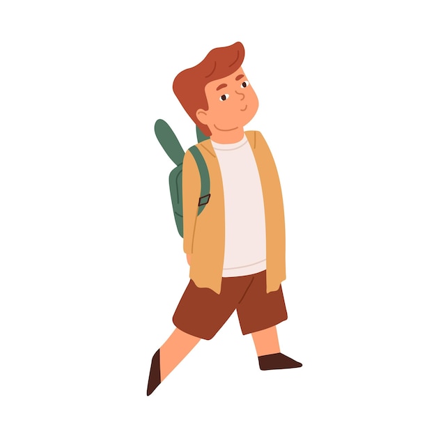 Симпатичный маленький улыбающийся мальчик, идущий с рюкзаком. Забавный обожаемый ребенок, изолированные на белом фоне. Цветная плоская векторная иллюстрация счастливого рыжего школьника или дошкольника.