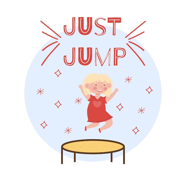 Cute little smiling girl jumping on trampoline Flat vector illustration isolated on a white bac