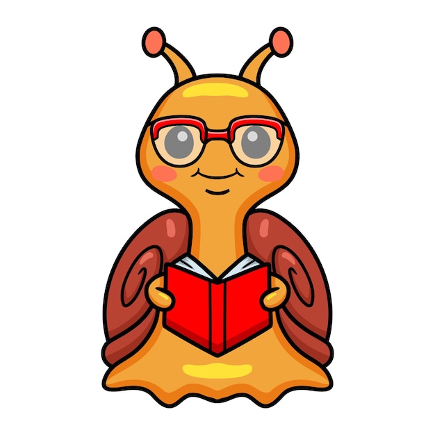 Vector cute little snail cartoon reading a book