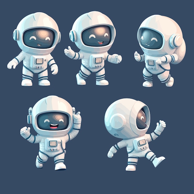 Симпатичный маленький космонавт в костюме и шлеме в разных позах Изолированный на заднем плане Векторная иллюстрация