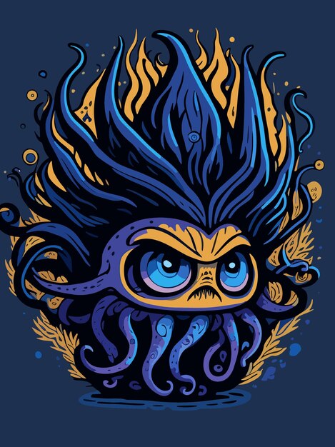 a cute little squid deep sea monster with worm hair artwork illustration in chibi artstyle