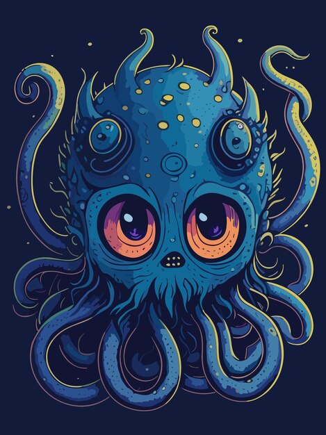 Vector a cute little squid deep sea monster with worm hair artwork illustration in chibi artstyle