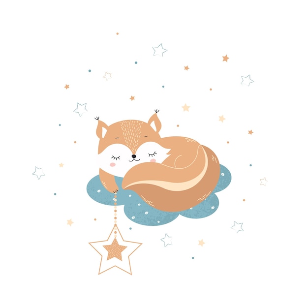 Cute little squirrel on a cloud with stars Children's illustration for posters fabric prints, cards