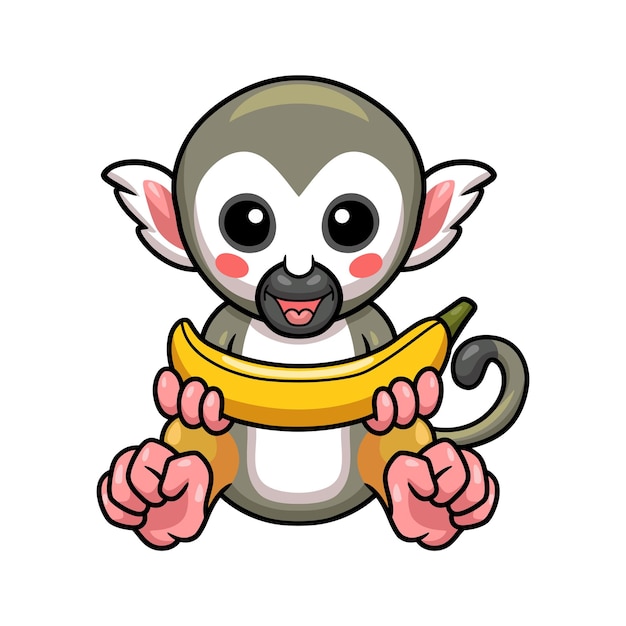 Cute little squirrel monkey cartoon holding banana