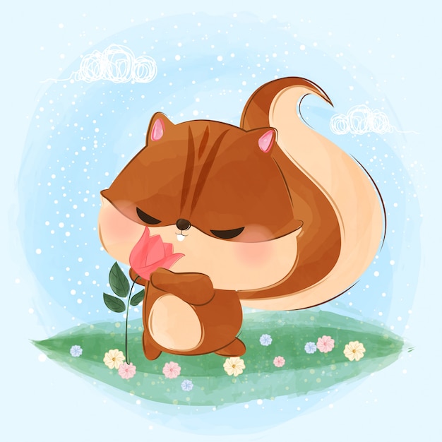 Cute little squirrel smelling flower