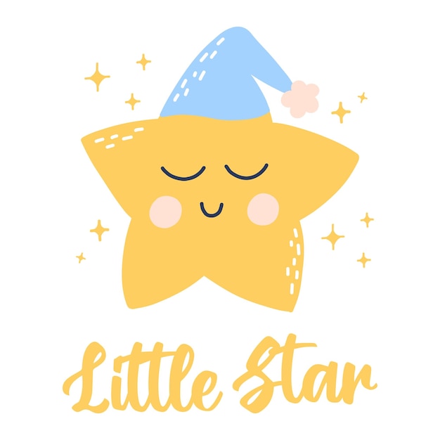 Vector cute little star card with a star in a nightcap vector illustration hand drawn cartoon style scandinavian childrens poster