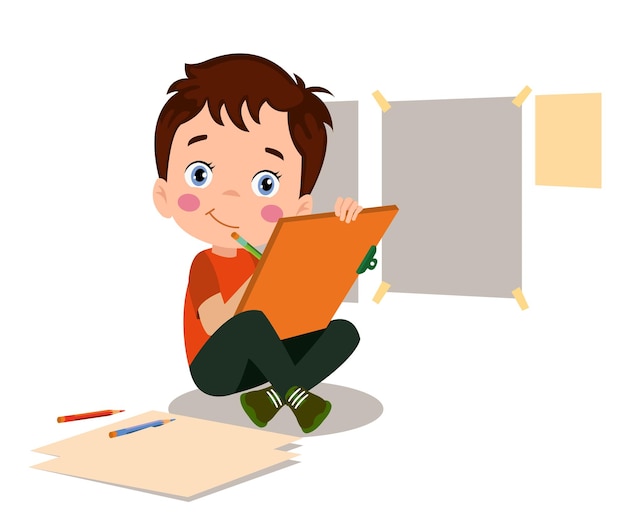 Vector cute little student drawing pictures with pencils and papers