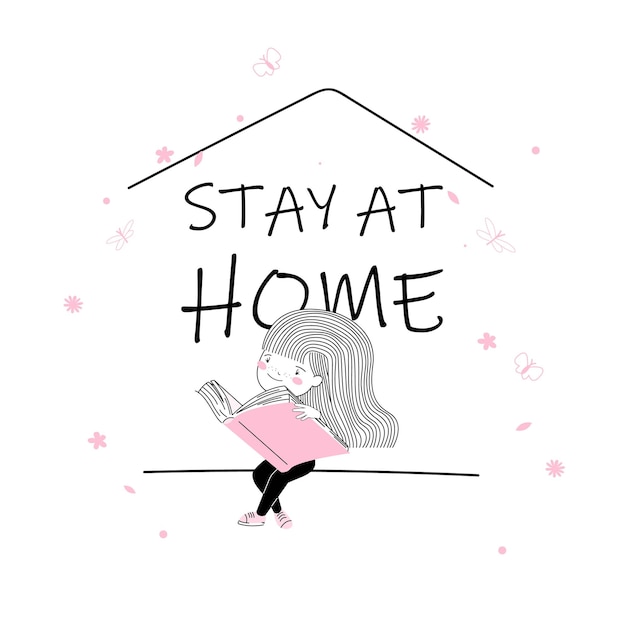 Vector cute little student girl read a in stay at home and be safe sign pink and with on a book