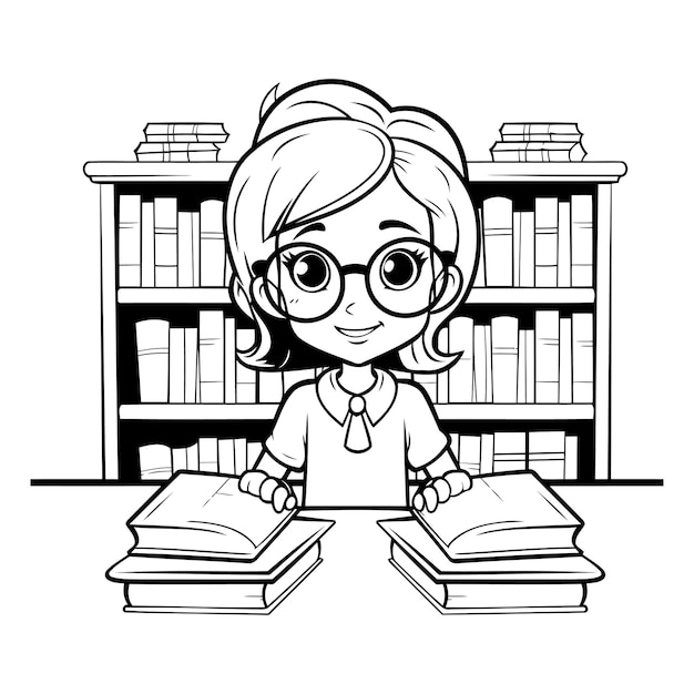 милая маленькая студентка с книгами в библиотеке векторный иллюстрационный дизайн