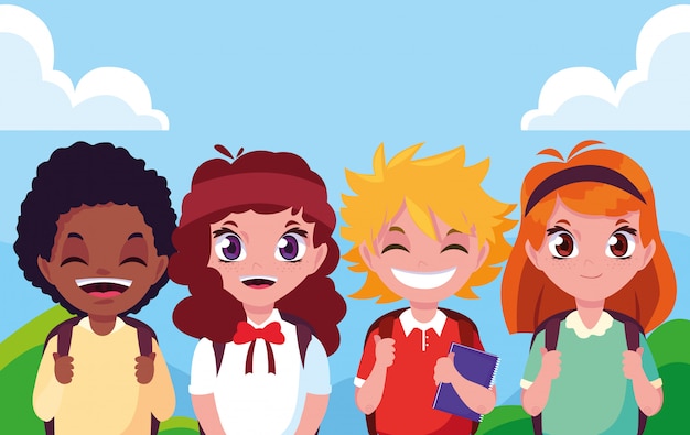 Vector cute little student group avatar character