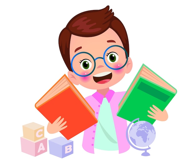 Vector cute little student with books