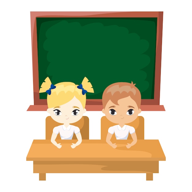 Cute little students in desk with board school