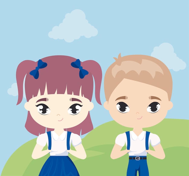 Vector cute little students in landscape scene