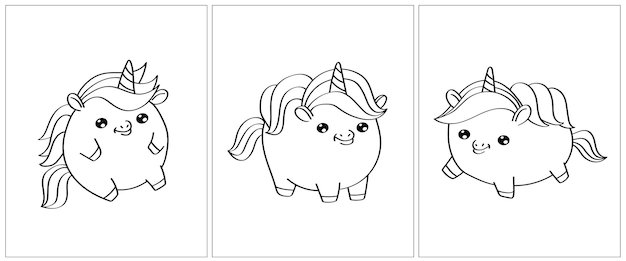 Cute little thick unicorn coloring page. Set of three pages for a coloring book.