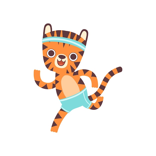 Cute little tiger athlete running adorable wild animal cartoon character vector illustration on white background