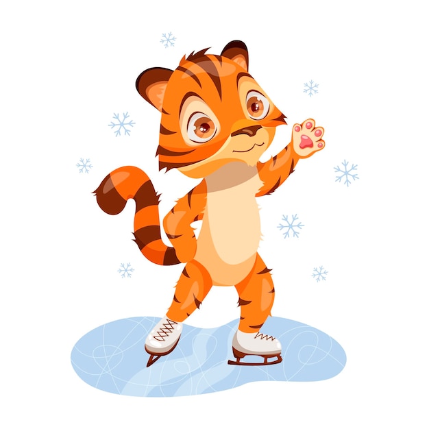 Cute little tiger is skating on white background Symbol of new year 2022