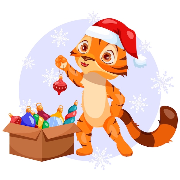 Cute little tiger in santa hat with christmas balls symbol of chinese new year 2022