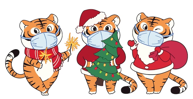 크리스마스 의상과 의료용 마스크를 쓴 귀여운 호랑이들. 낙서 만화 스타일입니다.