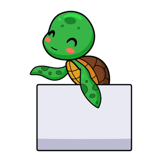 Vector cute little turtle cartoon with blank sign