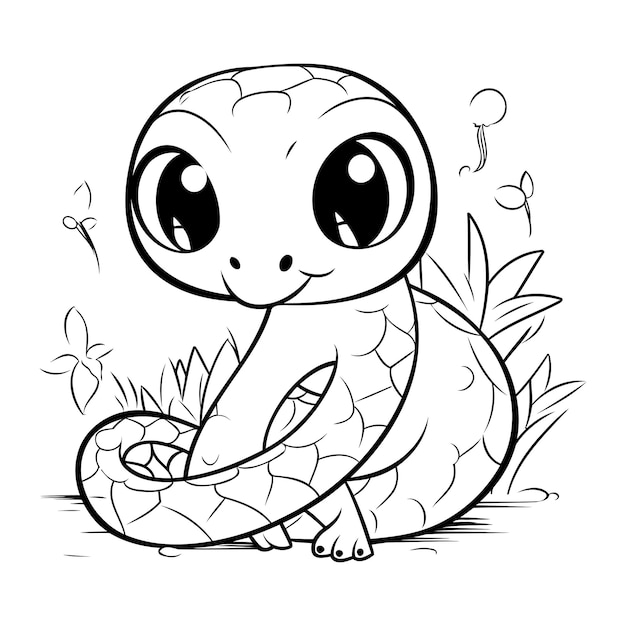 Cute little turtle sitting on the grass Coloring book for children