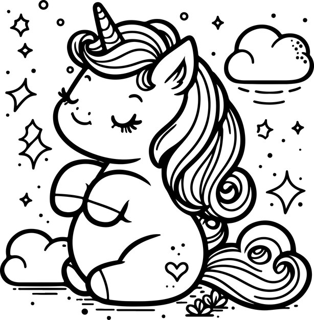 Cute little unicorn black outline children coloring book