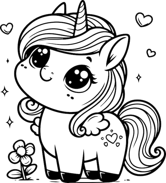 Cute little unicorn black outline children coloring book