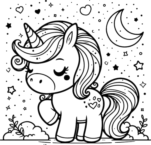 Vector cute little unicorn black outline children coloring book