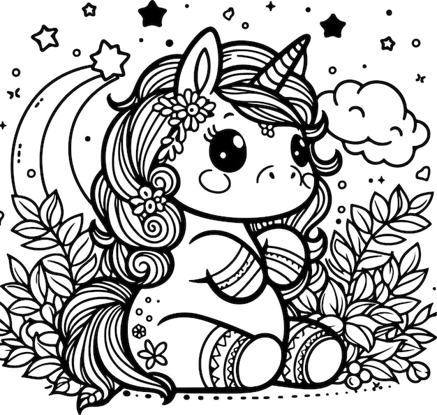 Cute little unicorn black outline children coloring book