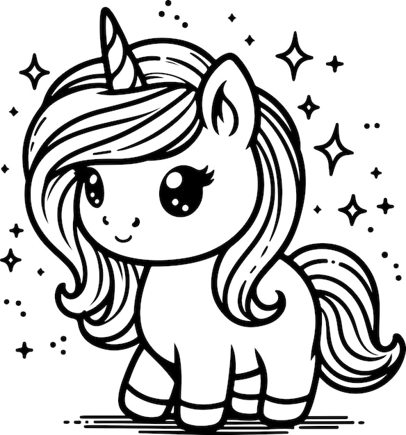 Cute little unicorn black outline children coloring book