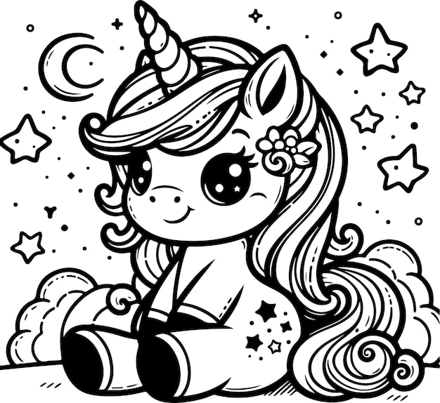 Cute little unicorn black outline children coloring book