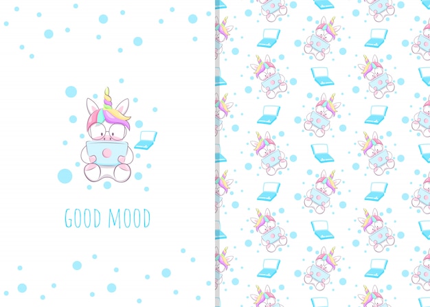 Cute little unicorn cartoon character with laptop, illustrations and seamless patterns for kids