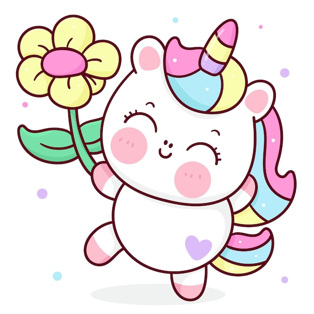 Simpatico cartone animato unicorno con fiore kawaii animale