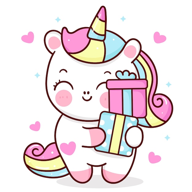 Carino piccolo unicorno cartone animato pony che tiene regalo di compleanno baby kawaii animale