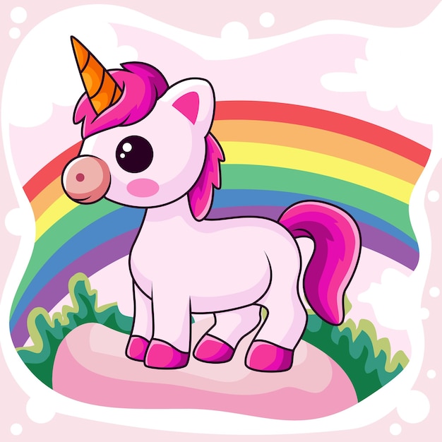 Cute little unicorn cartoon standing on cloud and rainbow