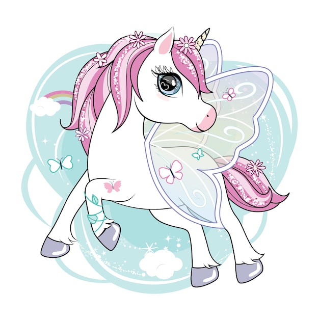 Cute little unicorn character with butterfly wings flying in the skies.