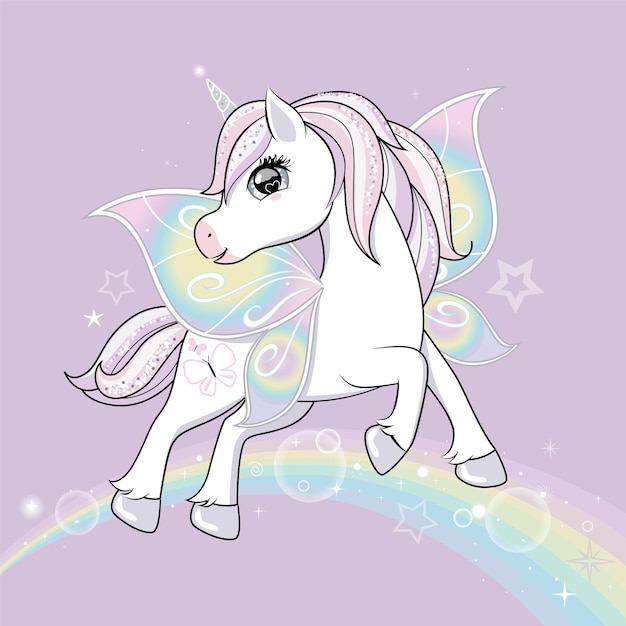 Cute little unicorn character with butterfly wings flying in the skies