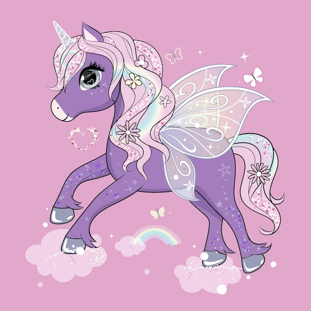 Vector cute little unicorn character with butterfly wings flying in the skies