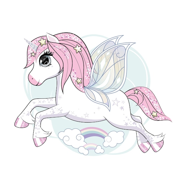 Cute little unicorn character with butterfly wings flying in the skies