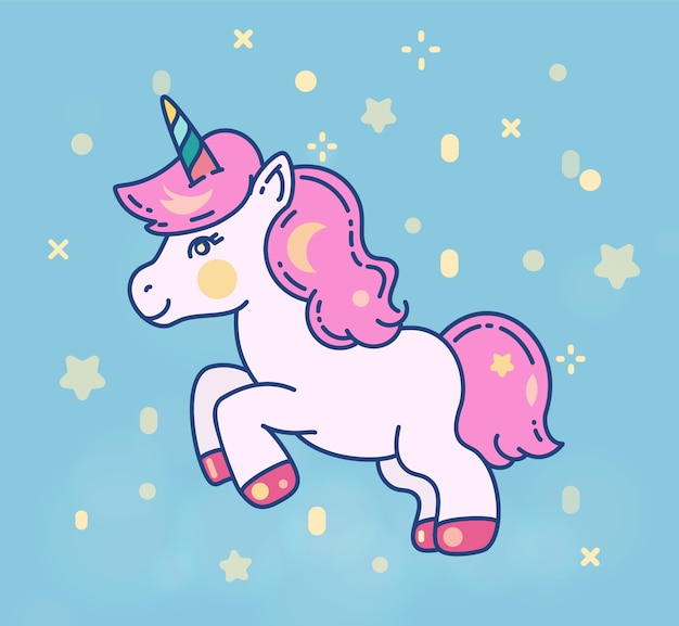 Cute little unicorn horse vector flat illustration.