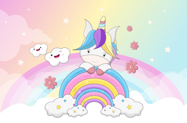 Vector cute little unicorn pony or horse. fairytale background with rainbows and animals.