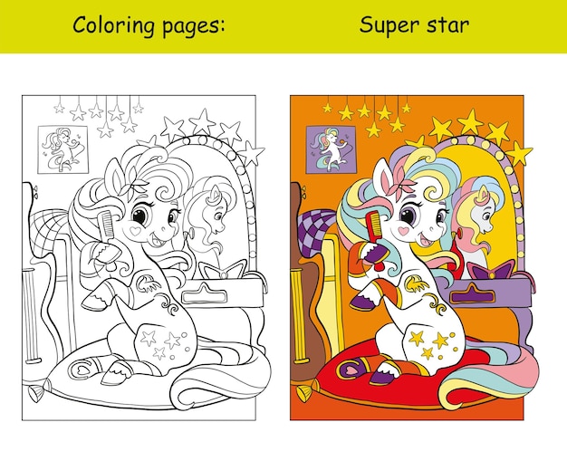 Carino piccolo unicorno pop star libro da colorare vettore