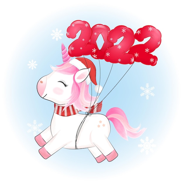 Cute little unicorn and red balloon 2022 christmas illustration