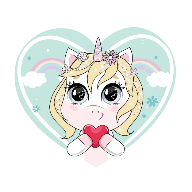 Vector cute little unicorn with blonde hair holding red heart trendy style modern pastel colors